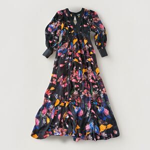 Anthropologie Maeve Deep-V Maxi Dress Size 2 Black Floral Long Sleeve Boho NWT